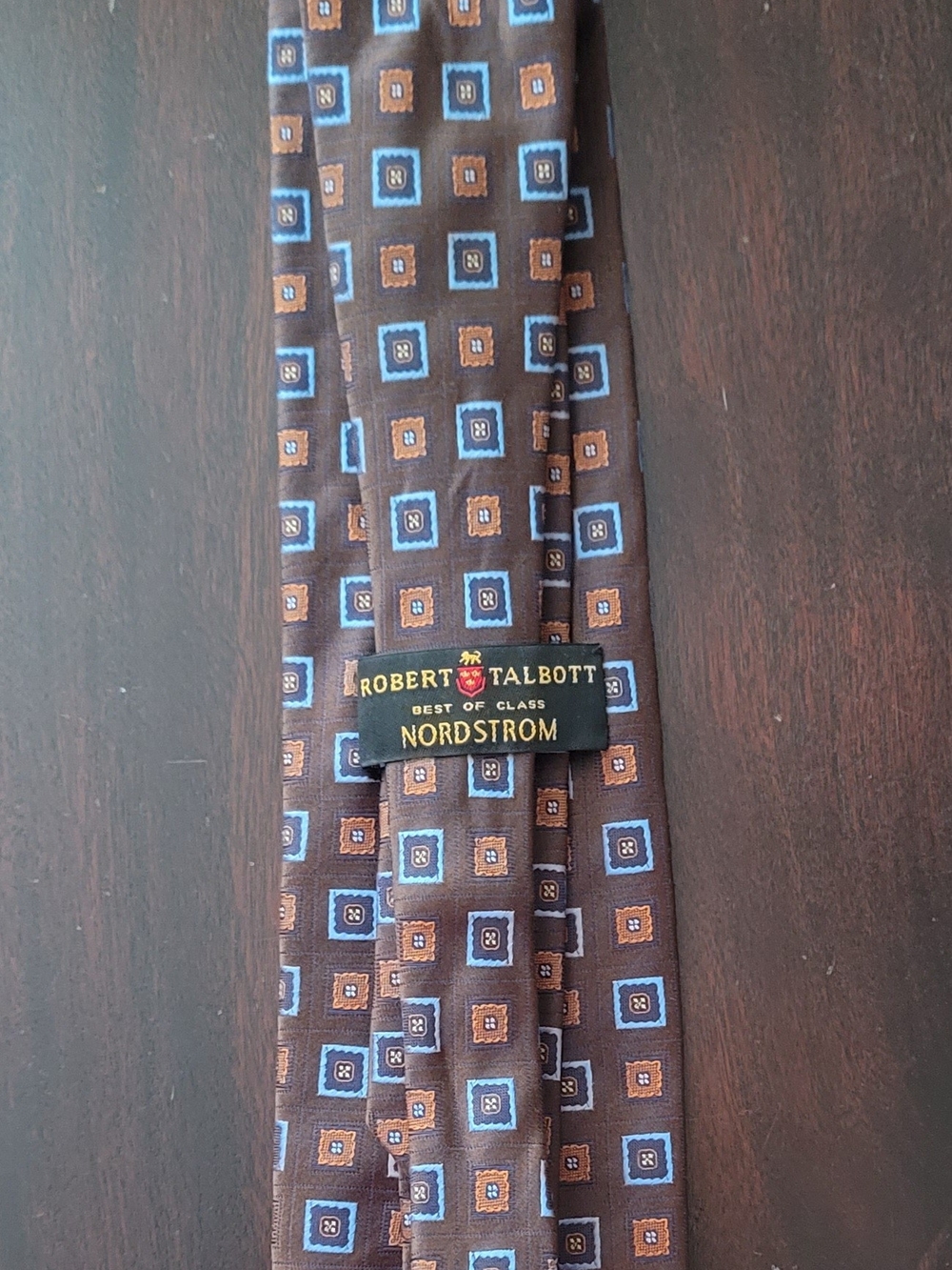 Robert Talbott Brown Silk Tie with Blue and Tan Geometric Squares